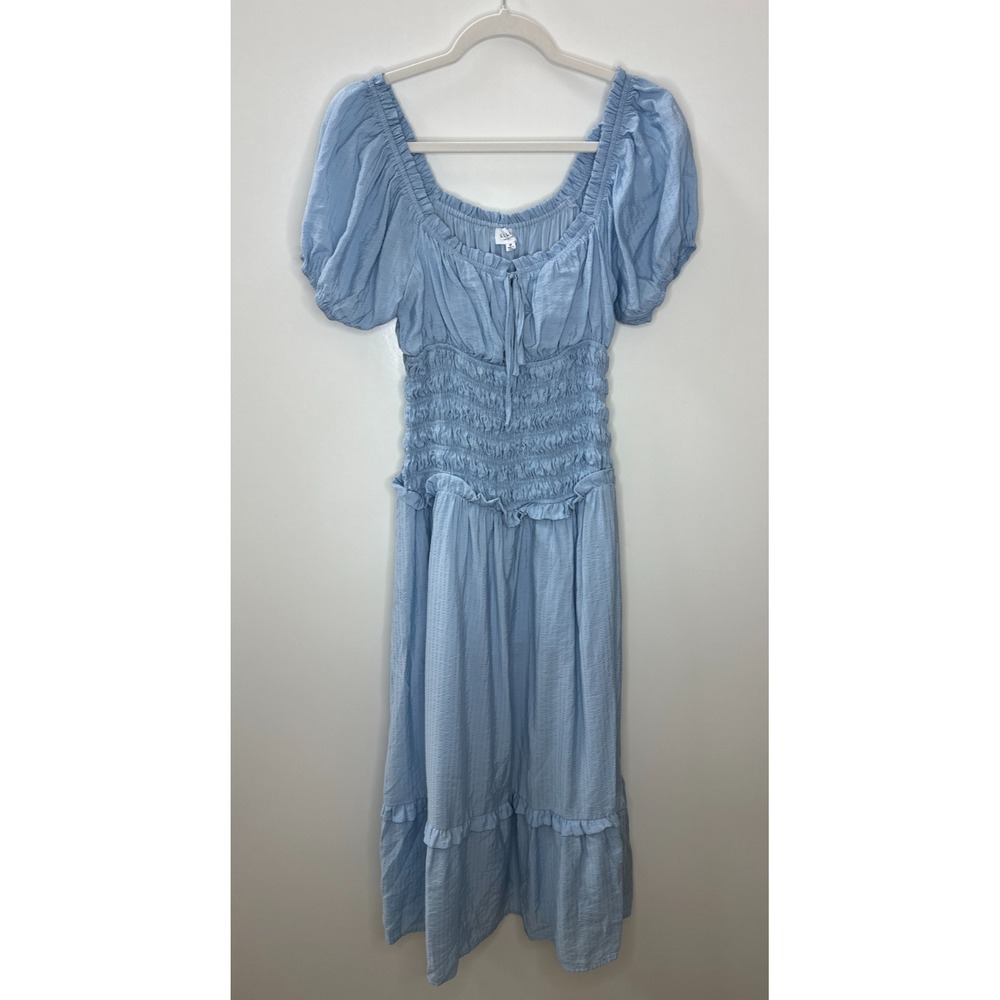 LE LIS Light Blue Smocked Puff Sleeve Midi Dress M Milkmaid Cottagecore Coquette - Picture 16 of 16